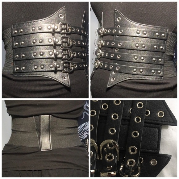 SOLD - NWOT Faux Leather Eyelet Buckle Studded Waist Corset - Picture 2 of 3
